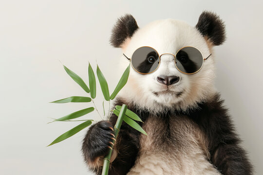 Cute panda wearing sunglasses holding bamboo, humorous animal portrait against a plain background ideal for creative projects.