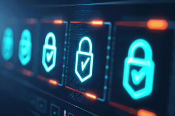 Fototapeta premium Digital security concept with glowing padlock icons on a high-tech interface, emphasizing data protection and cyber safety.