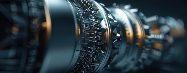 Close-up of a complex mechanical gear system, showcasing intricate metallic components and engineering precision in a high-tech environment.