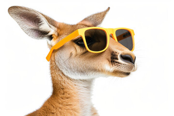 Kangaroo wearing stylish yellow sunglasses isolated on white background, displaying a cool and trendy look.