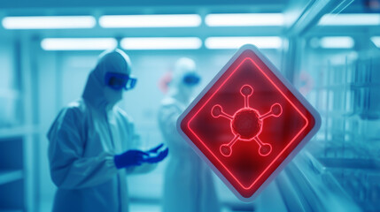 Scientists in protective suits work in a lab with a glowing biohazard sign, emphasizing the importance of safety in biological research.