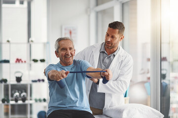 Physiotherapist, stretching band and senior patient for consulting, medical care and wellness....