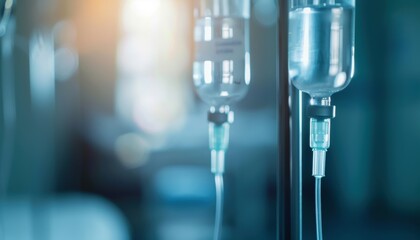 Close-up of IV drip bags in hospital. Medical equipment for intravenous therapy in healthcare setting with soft focus and blue tone.