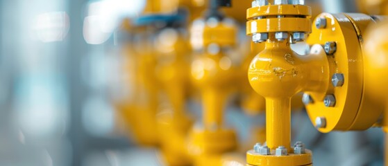 Obraz premium Yellow industrial gas valves in a row.