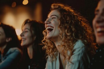 Fototapeta premium Young woman with friends watching movie in cinema and laughing