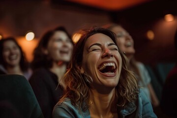 Young woman with friends watching movie in cinema and laughing