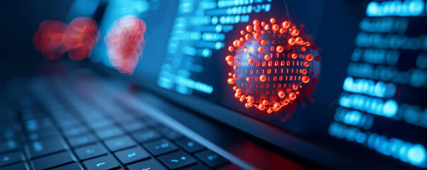 Close-up of a computer screen showing malicious virus code with a red alert symbol, representing cybersecurity and data protection.
