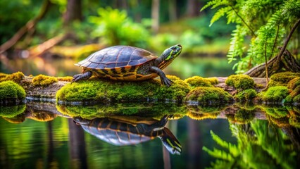 Obraz premium A serene swamp turtle rests on a moss-covered log surrounded by lush green vegetation and calm murky water reflections.