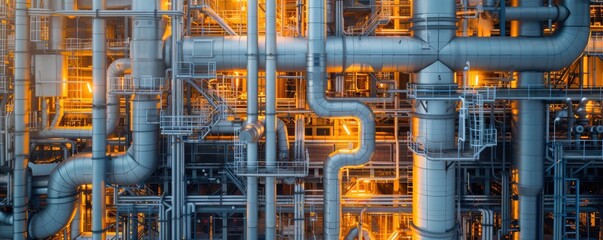 Complex industrial pipeline network with illuminated pipes and metallic structures in a factory setting, showcasing engineering and industry.
