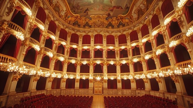 A beautiful baroque opera house with lavish interiors, ornate balconies, and a grand stage.