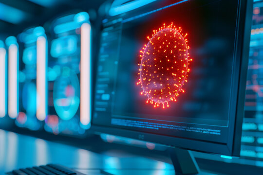 Close-up of a computer screen displaying a digital virus visualization in a modern technology lab, emphasizing cybersecurity and data protection.