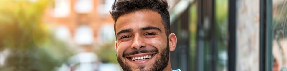 Obraz premium Smiling Young Spanish Man's Lifelike Portrait Perfect for Abstract Confident Concepts, Optimistic Youth Popular Background or Wallpaper, High-Resolution AI-Generated Design