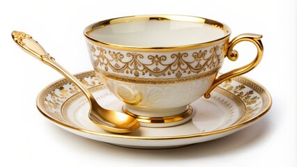 Elegant gold-rimmed teacup and saucer adorned with ornate details, accompanied by a slender golden spoon, on a white background.