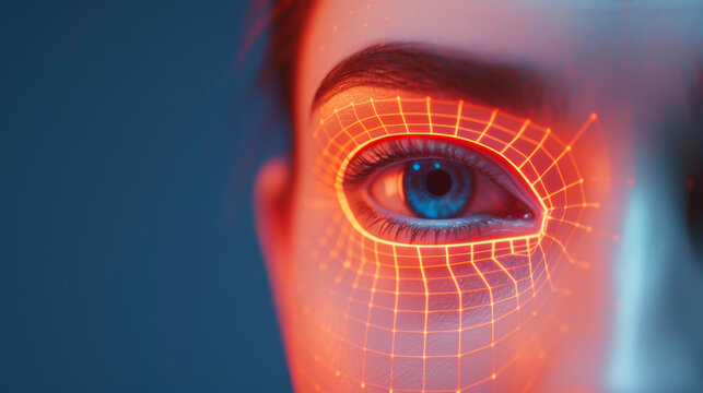 Close-up of a human eye with a digital biometric scan overlay, representing advanced facial recognition technology and security.