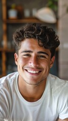 Obraz premium Smiling Young Spanish Man's Lifelike Portrait Perfect for Abstract Confident Concepts, Optimistic Youth Popular Background or Wallpaper, High-Resolution AI-Generated Design