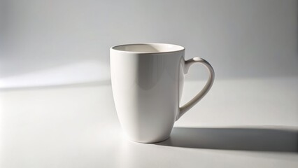 Obraz premium Pure white ceramic mug stands upright on a clean uniform white background with subtle shadows and soft diffused lighting effect.