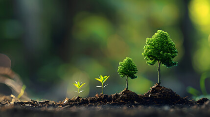 Three stages of tree growth side by side: a sapling, a young tree, and a mature tree.