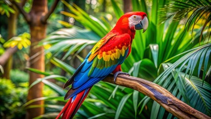 Vibrant red, blue, and yellow plumage of a majestic macaw parrot perched on a branch in a lush tropical zoo habitat.