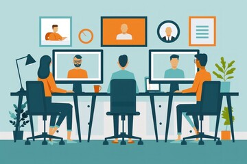 A group of people are working together in a cubicle