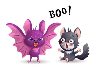 Cartoon bat and black cat. Boo! Vector illustration.