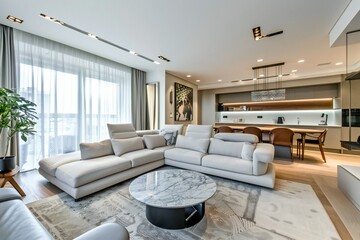 Living room in an apartment in contemporary style with white and gray tones , generated by ai