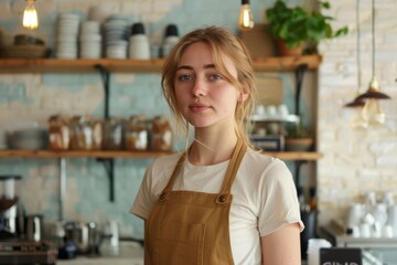 confident female barista standing behind counter looking at camera