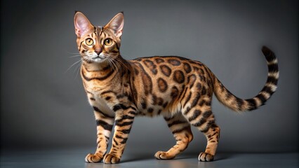 Full-body portrait of a Bengal cat with playful energy standing