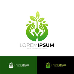 Nature logos, Hand and tree design combination, green color