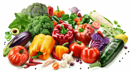 Various fresh vegetables displayed on a white background.