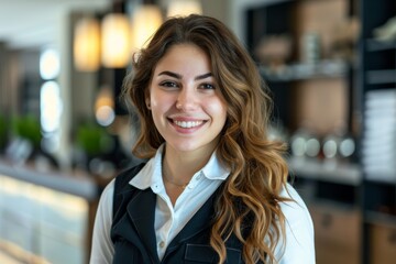 happy female hotel receptionist standing at hotel