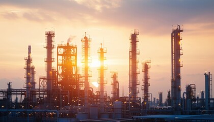 Fototapeta premium Industrial refinery plant during a stunning sunset, showcasing towering structures and the vibrant colors of dusk.