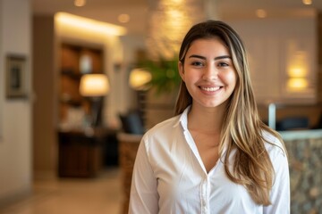 Obraz premium happy female hotel receptionist standing at hotel
