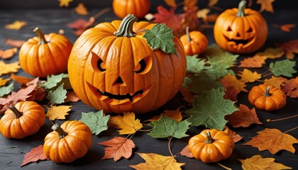 Halloween Pumpkins with Autumn Leaves.
