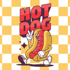 unny cartoon character of hotdog. Can be used as Sticker, posters, prints. Retro cartoon style.