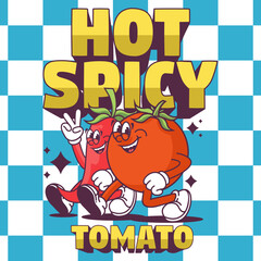unny cartoon character of chili and tomato. Can be used as Sticker, posters, prints. Retro cartoon style. Vector illustration