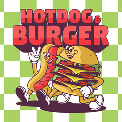 unny cartoon character of hotdog. Can be used as Sticker, posters, prints. Retro cartoon style.