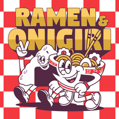 Funny cartoon character of ramen japanese food. Can be used as Sticker, posters, prints. Retro cartoon style. Vector illustration