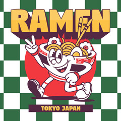 Funny cartoon character of ramen japanese food. Can be used as Sticker, posters, prints. Retro cartoon style. Vector illustration