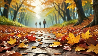 Fototapeta premium Autumn leaves on a path in a park.