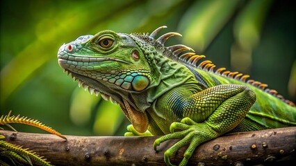 Obraz premium Full-body portrait of a green iguana on a branch