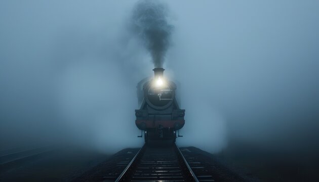 Steam train emerging from thick mist.