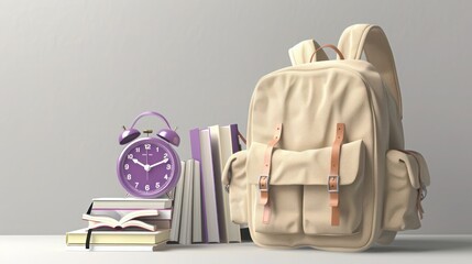 Beige backpack with a purple alarm clock and a pile of reading books on a light gray background, school essentials 3D illustration