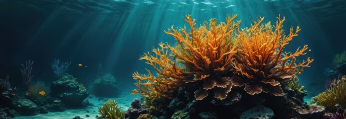 Underwater coral reef with sunlight.