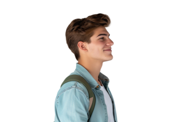 Profile shot of young handsome male student, isolated on transparent background