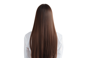 Woman with straight long brown hair from back view, Hair styling, isolated on transparent background