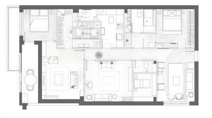 A detailed floor plan of a modern apartment, showing the layout and design of each room