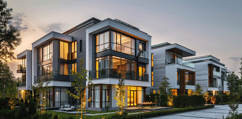 Naklejka premium Contemporary Panoramic Window Townhouses at Dusk
