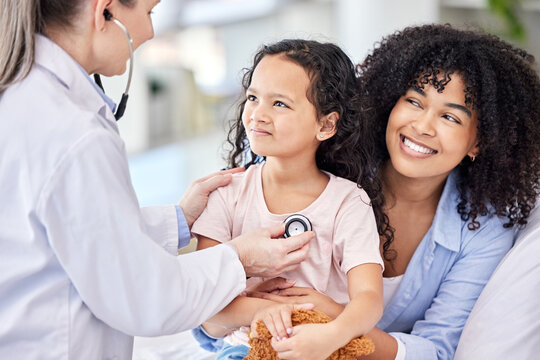 Young girl, doctor and mother with stethoscope, hospital or clinic for health, medical and screening test. Pediatrician, child and heart beat in routine check up for growth, development and vaccine