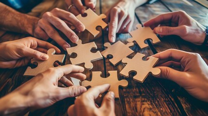 business team trying to find a solution to a problem together. The group of young people should be holding parts of a jigsaw puzzle