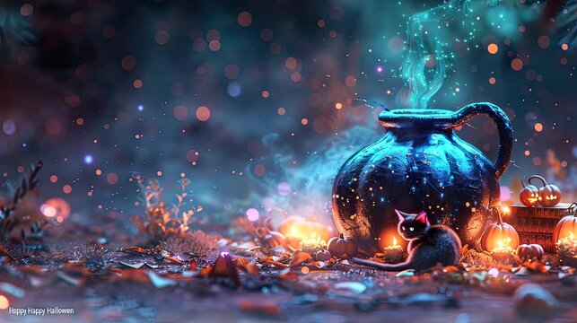 Halloween a witch's cauldron bubbling with a mysterious green potion. Seamless looping time-lapse virtual 4k video animation background
